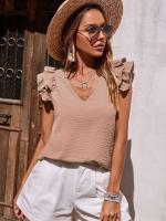 Camisa casual elegante con cuello en V para mujer, parte superior lisa con ribers de oficina, mangas de hoja de loto, verano - details 9