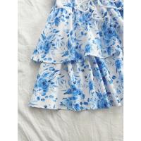 Vestido decorativo con borde de volantes y cuello con cordones y estampado de rosas de acuarela azul y blanco retro para vacaciones de mujer - details 3
