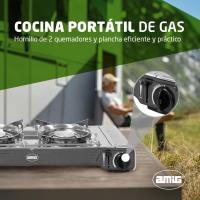Cocina Portátil de Gas para Acampar 2X Quemadores Incluye Plancha Parrilla de Fundición de Acero Inoxidable Potencia de 2,2 Kw Muebles y Organización al Aire Libre - details 1