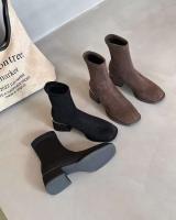 Novedades: calcetines de gamuza de invierno y otoño, tacones altos gruesos con punta cuadrada para mujer, botas cortas, tobillos de metal, modernos y modernos. - details 4