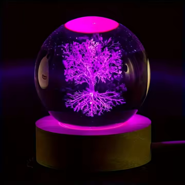Lámpara de noche de árbol de la vida, diente de león y bola de cristal con grabado láser 3D, adecuada para esposas, amigas, cumpleaños, regalos temáticos de plantas, decoración de oficina, dormitorio, hotel, fiesta, decoración interior de dormitorio - 1