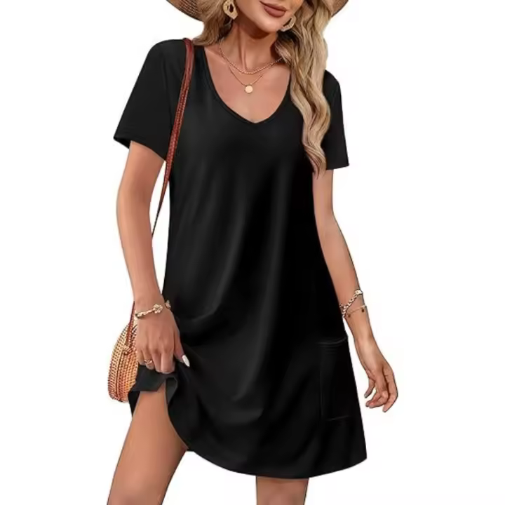 Vestido casual con bolsillo y manga corta estampada con escote en V - 1