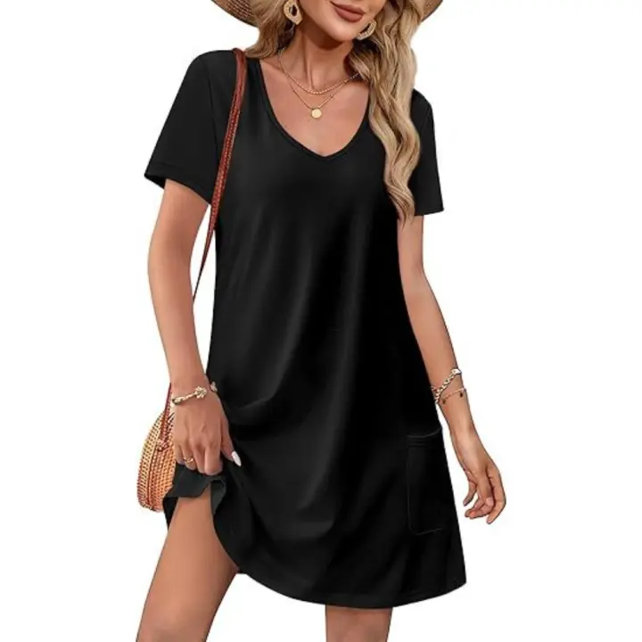 Vestido casual con bolsillo y manga corta estampada con escote en V - 1