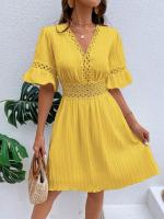 Vestido Blanco Puro de Verano Cintura de Encaje con Parche de Moda Cuello en V Manga Corta - details 6