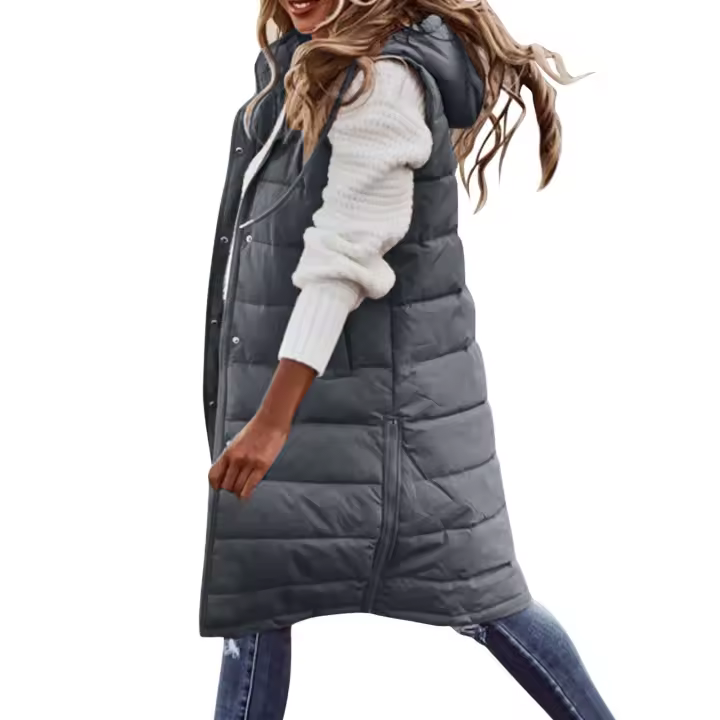 Chaleco Largo de Invierno con Capucha Cálido, Grueso, Acolchado, Manga de Puff, Zip, Moda para Mujeres - 1