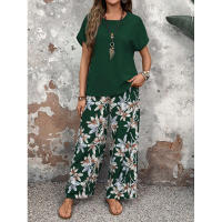 Conjunto de dos piezas de verano, suéter holgado versátil con cuello redondo estampado, atuendo informal para mujer - details 27