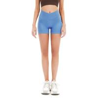 Pantalones cortos de yoga para mujer, pantalones cortos de fitness, pantalones cortos elásticos acanalados con cintura en forma de V de color sólido sin costuras, pantalones cortos con cuerda para saltar - details 3