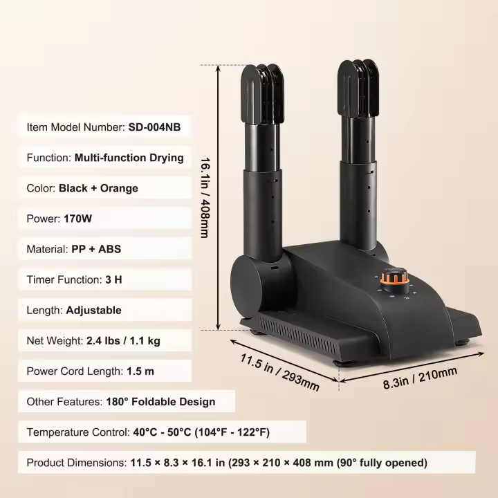 SucceBuy Secador de zapatos con soplador de calor: plegable de 2 tubos o desmontable de 4 tubos, negro y naranja - 1