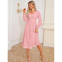 Vestido de manga larga con cuello en V para mujer, vestido elegante de corte A, color sólido, estético, nuevo en oferta - details 1