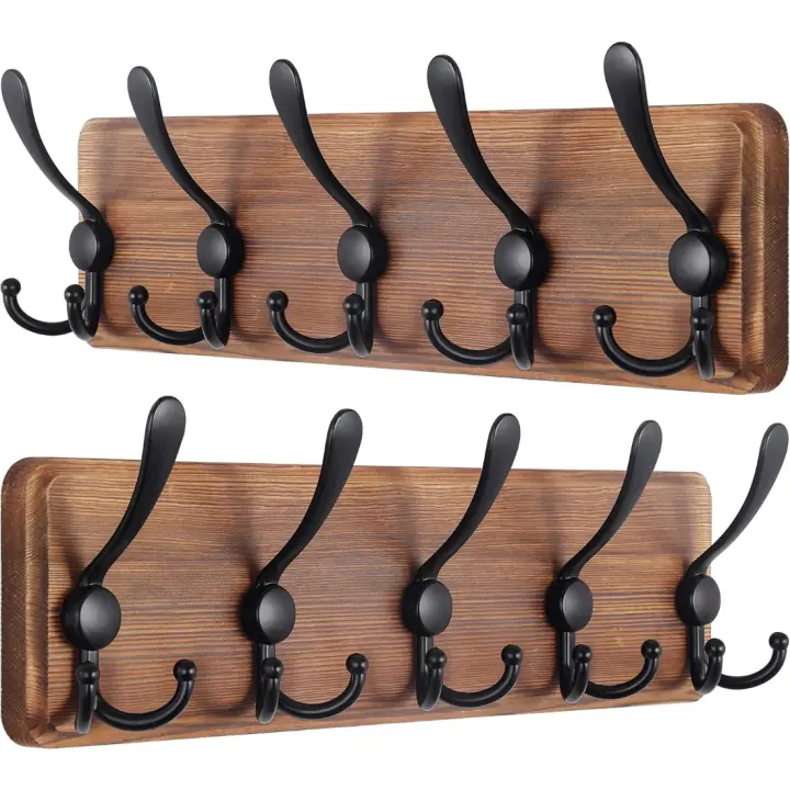 44,8 x 15,7 x 9,4 cm Perchero rústico montado en la pare perchero de pared de madera real de pino con 5 ganchos triples, colgador de pared para colgar mochila, chaqueta, sombrero - 1