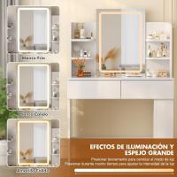 Tocador de Maquillaje con Luces LED, Brillo Ajustable, Mesa de Maquillaje con Espejo, con 2 Cajones Grandes y 4 Estantes Abiertos y Taquilla Lateral, Moderno, 90x40x135cm, Blanco - details 3