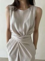 Vestido Vintage de moda versión coreana para mujer, Túnica de verano para oficina madura, sin mangas, Color sólido, temperamento, Vestido suave - details 8