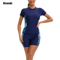 Traje de baño de 2 piezas de cintura alta para mujer con cuello simulado y cremallera de manga corta - details 1