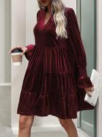 Otoño e Invierno suelto Color sólido con cuello en V vestidos de manga larga para mujer nuevo en elegante Retro Casual Midi vestido femenino - details 20