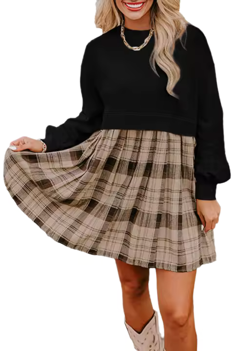Elrachen Mini vestido tipo sudadera de cintura alta con retazos a cuadros para mujer, negro, tallas S-XL - 1