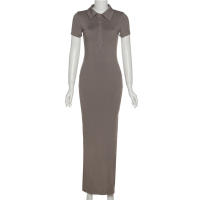 BUNO-Vestido largo de oficina para mujer, de manga corta con cuello vuelto traje elegante, abertura lateral y botón, moldeador de cuerpo, moda de calle - details 9