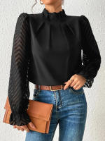Jersey elegante de Cuello medio alto para mujer, de Color sólido Camisa de gasa, blusa de manga larga con volantes ondulados, Tops sueltos informales para mujer, novedad - details 9
