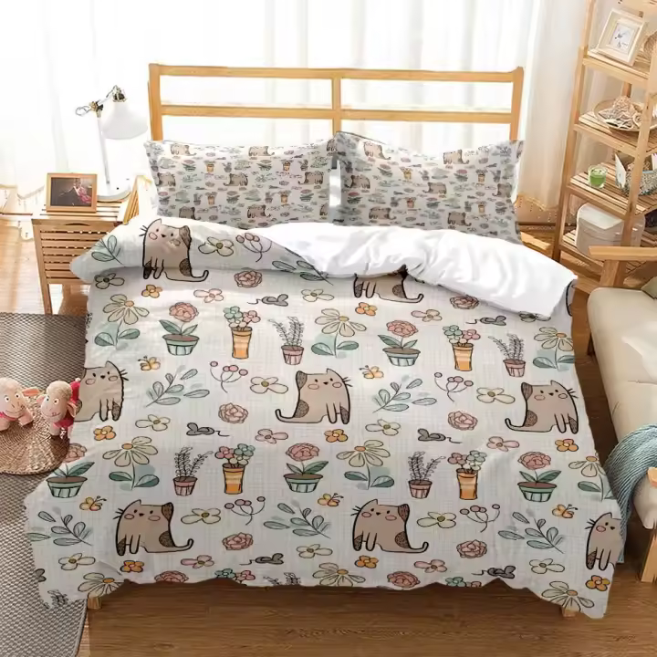 Juego de Ropa de Cama con Estampado de Gato Encantador Funda de Cojín y Cubierta de Edredón de Lujo para Reina Estilo Personalizado para Niños - 1
