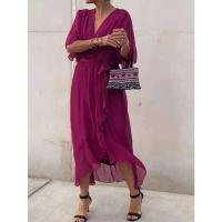 Vestido de verano para mujer, cuello en V, manga corta, plisado, Irregular, rojo, elegante, falda Midi negra para fiesta para mujer - details 14
