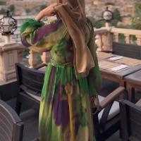 Nuevo vestido bohemio informal con estampado de manga y estampado Retro Maxi cuello redondo para mujer largo 2025 vestido de fiesta de gasa con cordones - details 0