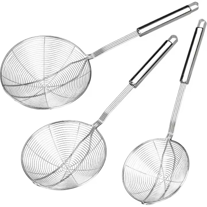 3 Piezas Espumadera de Alambre de Acero Inoxidable 17.5 15.5 13.5cm Colador de Araña Espumaderas de Cocina con Mango para Cocinar y Freír, MQ-BigLouSao-3pcs - 1