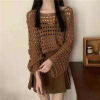 Camiseta Vintage ahuecada, suéter de punto informal, camiseta holgada Y2K, suéter fino con cuello redondo, jerséis de otoño, ropa de calle de moda - details 3