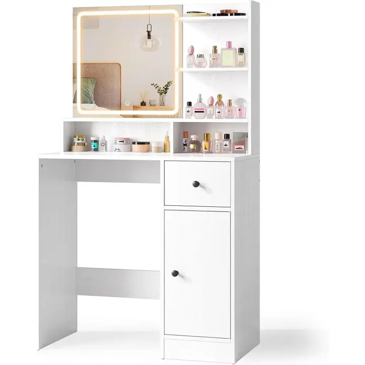 Tocador de Maquillaje Moderno con Espejo LED Regulable Mesa de Maquillaje con Cajón, Armario y 3 Estantes Abiertos Blanco, 80x40x136 cm - 1