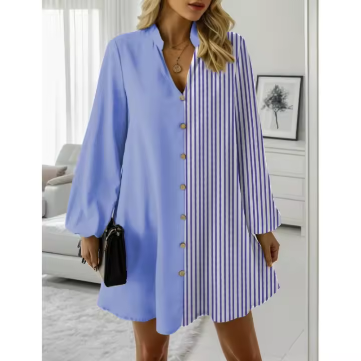 Nuevo vestido de manga larga con cuello en V a rayas estilo primavera y otoño - 1