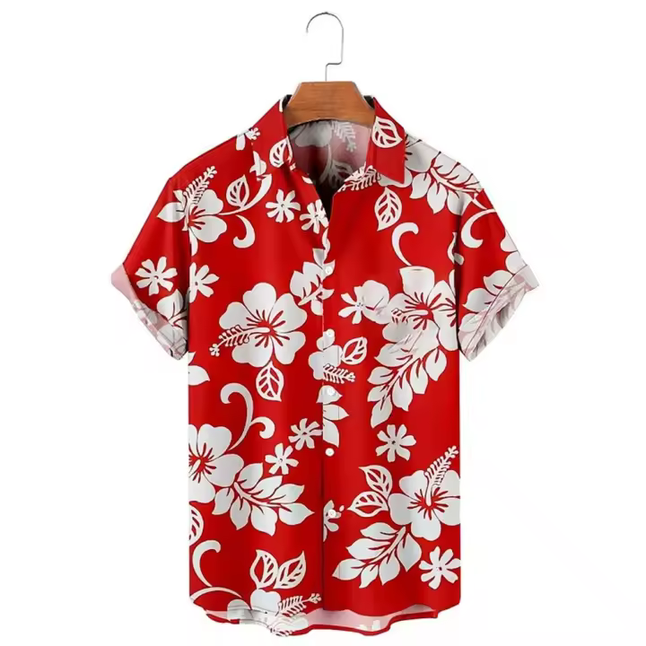 Camisa con estampado Floral para hombre, ropa informal de manga corta con botones, hawaiana Tropical, ajustada, trébol carmesí, calle - 1