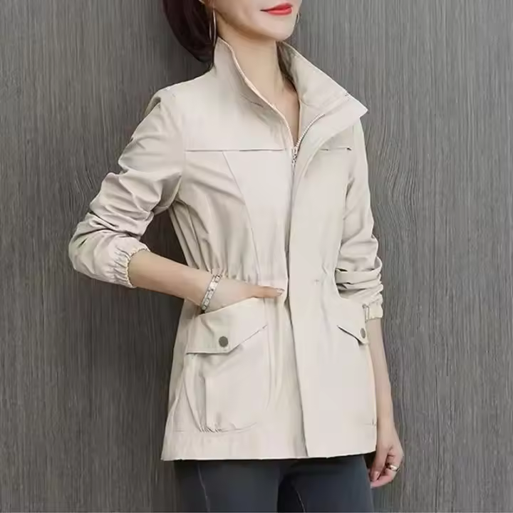 Chaqueta cortavientos de doble capa para mujer, abrigo corto a la moda, talla grande, cuello levantado, primavera y otoño - 1