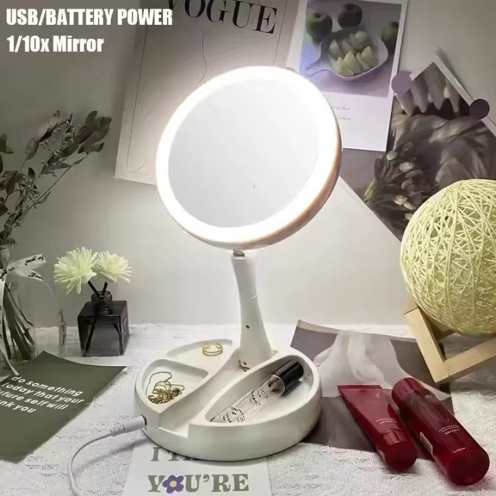 Espejo LED de Doble Cara Carga Batería USB Luz de Maquillaje Portátil con 10X de Ampliación - 1