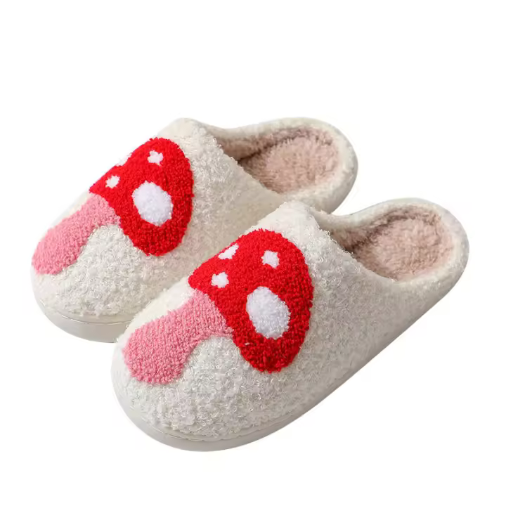 Zapatillas de algodón con diseño de hongo popular de invierno, cara sonriente y corazón de melocotón. - 1