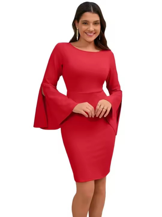 Vestido elegante y hermoso de manga larga de color liso para mujer, vestido con cuello redondo que cubre las caderas - 1