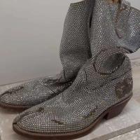 Botas Tabi de mujer con tacón grueso de cien pliegues al aire libre de vaquero occidental con diamantes de agua divididos - details 2
