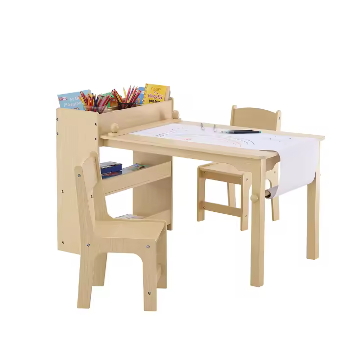 SucceBuy Mesa de arte para niños y 2 sillas, mesa de actividades para manualidades y juegos 2 en 1 para niños pequeños, juego de mesa y sillas de madera para niños pequeños con gabinete - 1