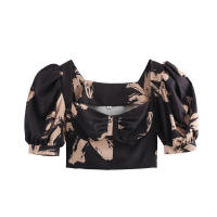 OUWU- Top corto de manga abombada con cuello cuadrado para mujer con estampado floral abstracto para primavera verano 2025, uso diario de moda. - details 1