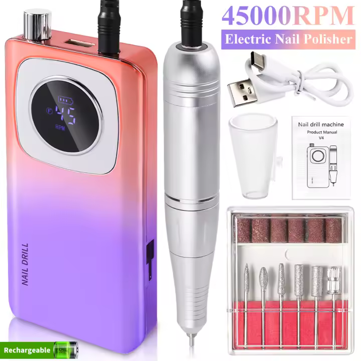 Limegirl Profesional Portátil 45000RPM Máquina Taladradora de Uñas Recargable para Manicura Acrílica Semipermanente - 1