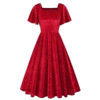 Elegante Vestido de Verano para Mujer Ouwu Color Sólido, Manga Corta, Cuello Cuadrado, Estilo Midi, Moda de los 50s-60s - details 0