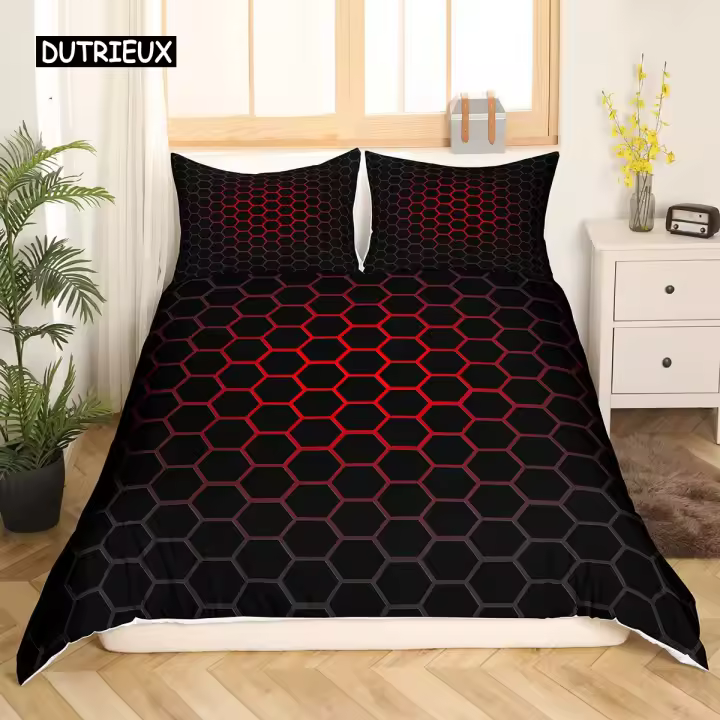 Juego de Ropa de Cama de Cuadrícula Poligonal Roja Brillante Funda de Edredón, Funda de Almohada, Cubierta de Edredón Tamaño 135×200, 260×220 - 1