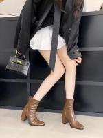 Tacón alto cabeza cuadrada botas delgadas botas cortas zapatos de mujer nuevo tacón grueso marrón con falda - details 24