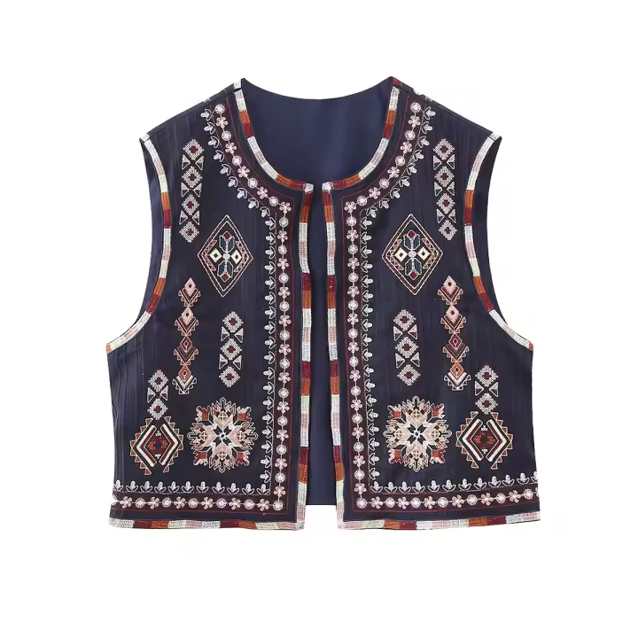 Chaleco Corto de Moda Vintage Versátil con Patrón de Flor Estampado Abrigo Exterior de Cierre Abierto con Estilo Otoñal 2025 - 1