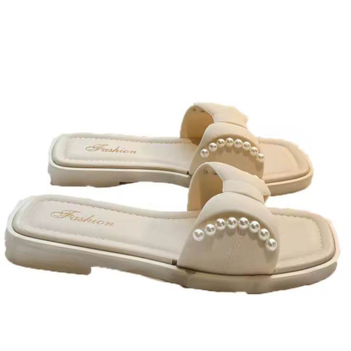 Zapatillas planas informales con suela suave y lazo para mujer, sandalias deslizantes de perlas antideslizantes de PVC, zapatos de playa de tacón bajo, ropa de playa - 1