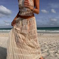 Conjunto de Top corto plisado y falda larga para mujer, traje de 2 piezas con cuello Halter sin mangas y Espalda descubierta - details 4