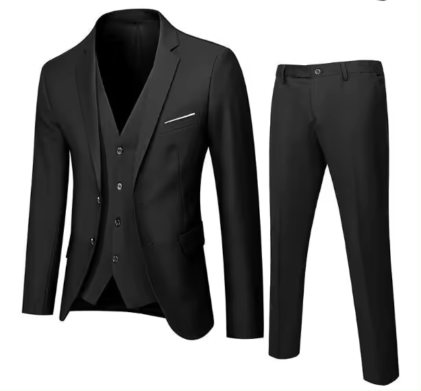 Traje de hombre de 3 piezas Slim Fit, 2 botones de color sólido chaqueta, chaleco, pantalones, traje, traje, traje casual de negocios, ropa formal profesional - 1