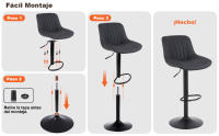 Taburetes Altos de Cocina, Taburete de Bar Regulable en Altura con Respaldo, Taburete Alto Ajustable de Cuero PU, Taburete Cocina Moderna, Marrón, Gris Oscuro, Negro - details 3