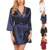 Albornoz de satén kimono para mujer, albornoz de media manga con borde ENCE para novias, vestido de novia, pijama, dormir, hogar de mujer - details 1