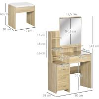 Juego de tocador de mesa de maquillaje con taburete acolchado grande, espejo + varios estantes abiertos + 4 cajones de madera natural - details 4