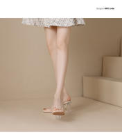 Transparente tacones altos verano cuero nueva celebridad de Internet versátil zapatillas exteriores con falda cristal grueso tacón sandalias mujeres - details 13