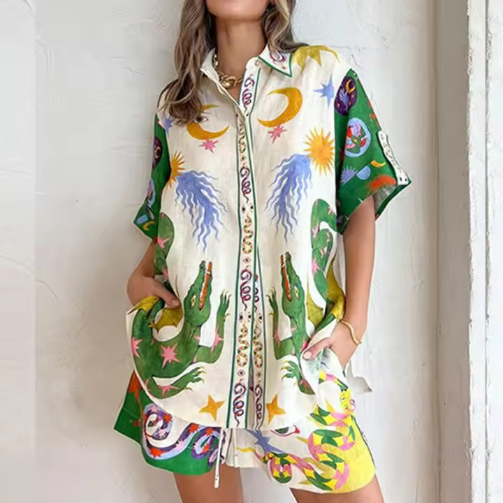 Conjunto de pantalones de moda casual con estampado elegante para mujer, primavera 2025, manga tres cuartos - 1