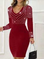 Vestido Midi de Cuerpo Conforme con Decote en V Moda Nocturna de Fiesta con Brillantes - details 3